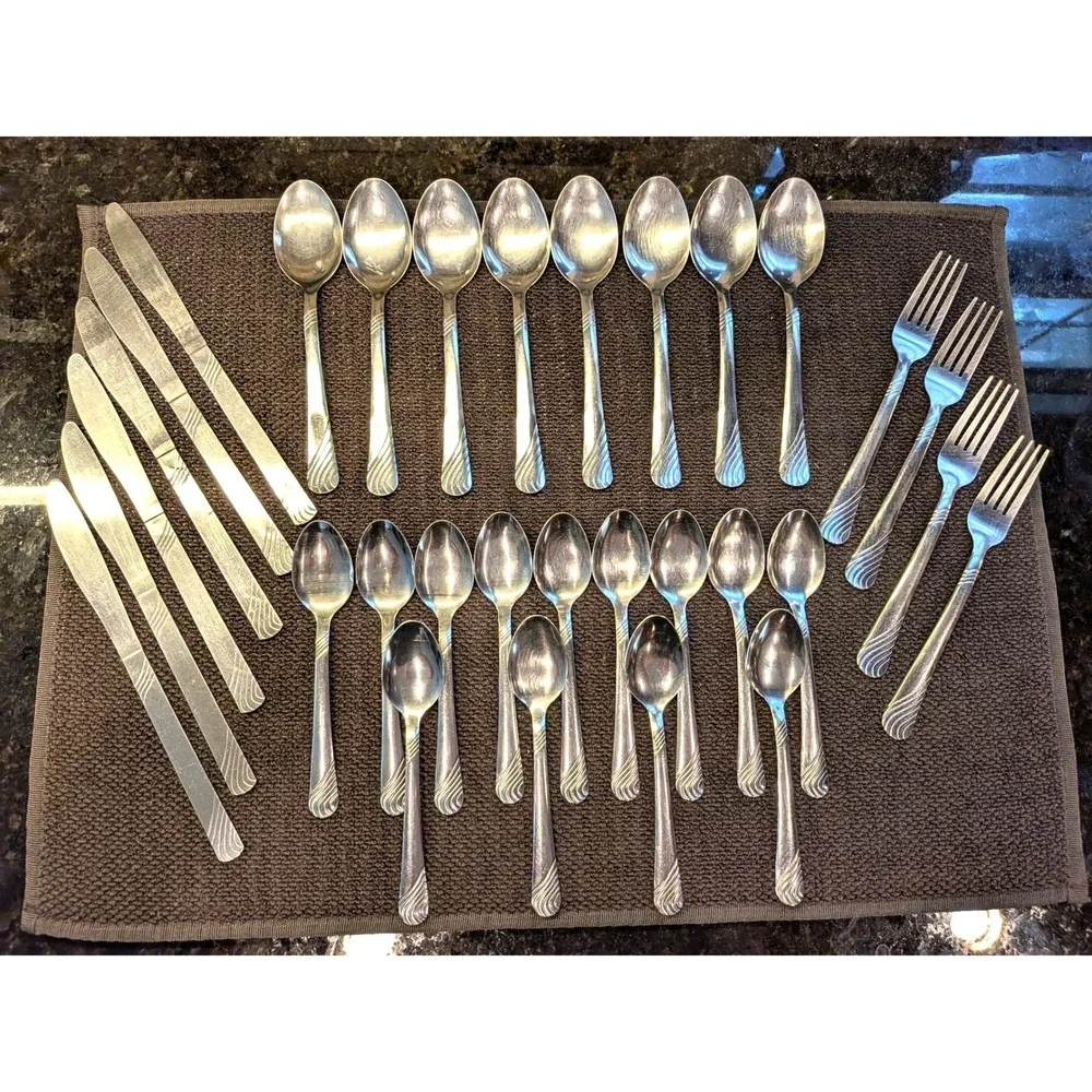 31pc Stainless Steel Flatware Set Wave Swirl Pattern Lightweight